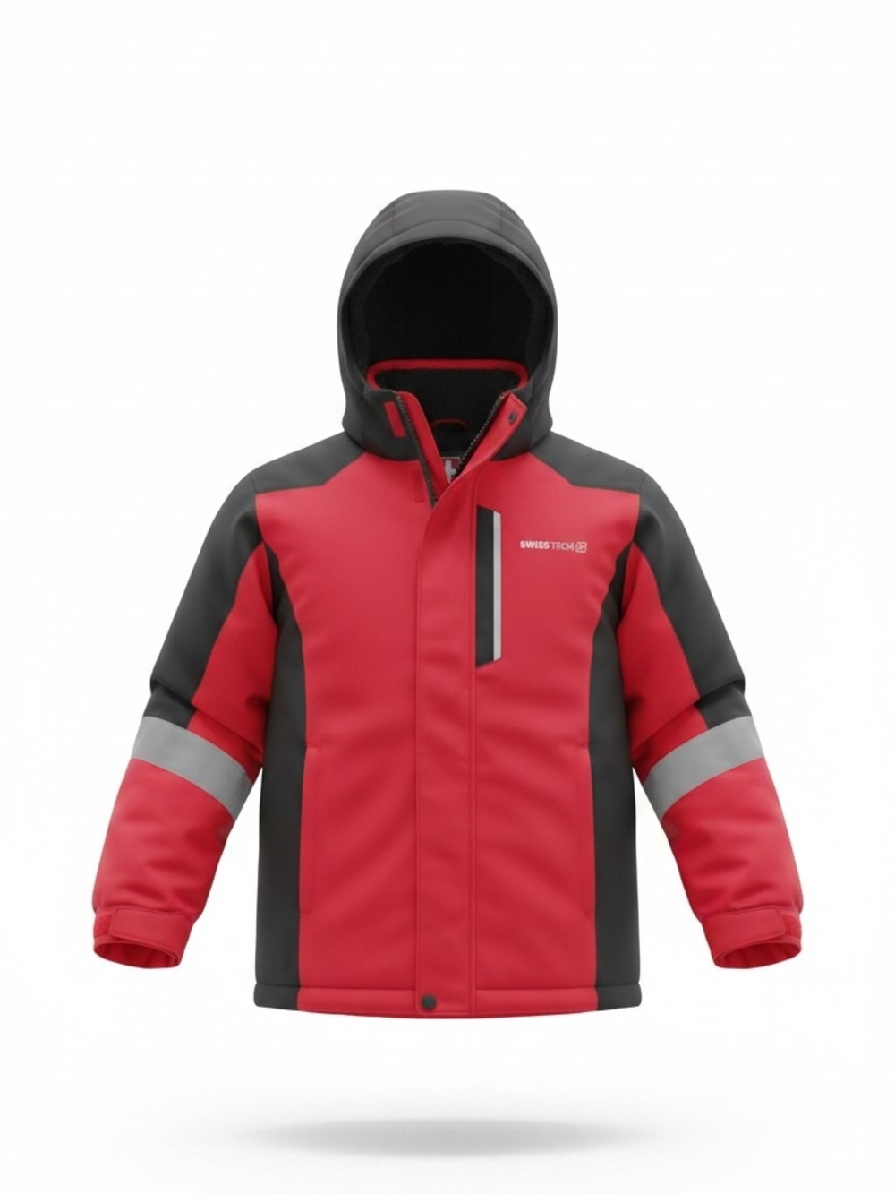 Swiss Tech Kids Red and Black Hooded Puffer Jacket with Reflective Bands